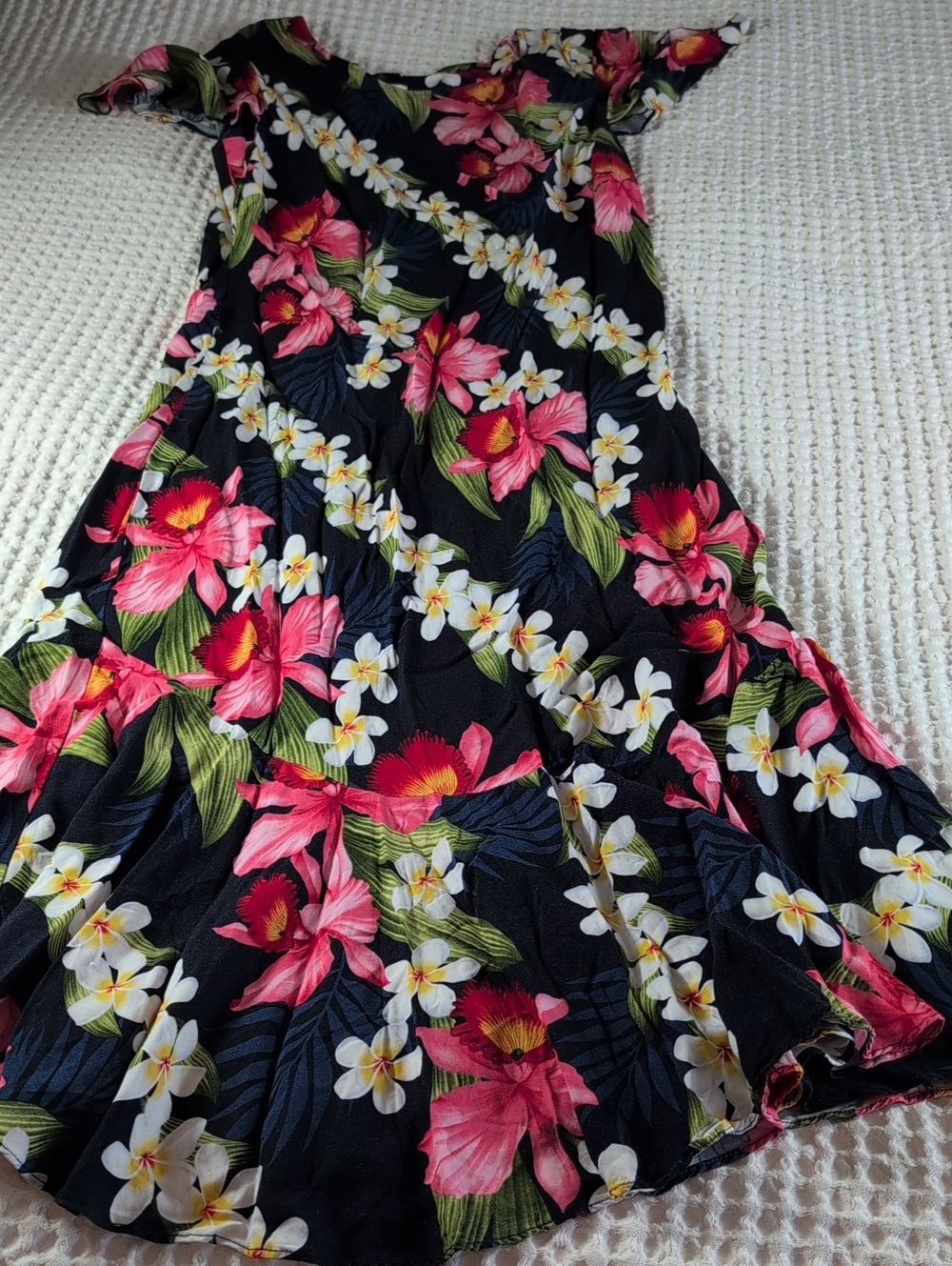 Hawaiian Vintage Navy Floral Maxi Dress with Pink Hibiscus Print Rayon Size L